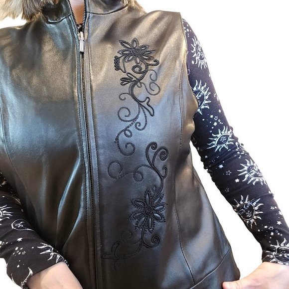 Y2k Black Leather Floral Embroidered Zipup Vest Large Biker Edgy Lined‎ - Picture 7 of 10
